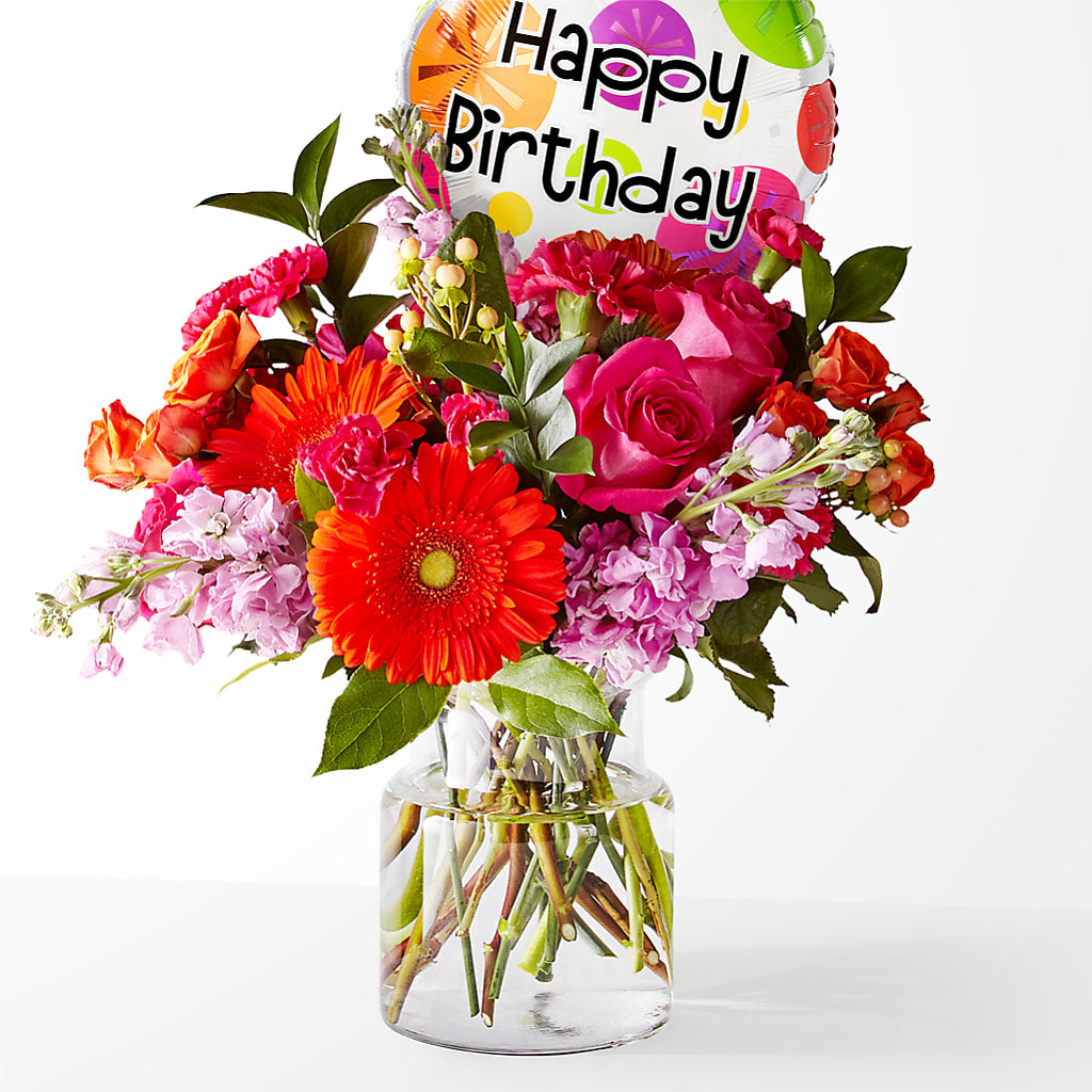 Fiesta Bouquet with Birthday Balloon – T & T FLORAL, Kingsley MI