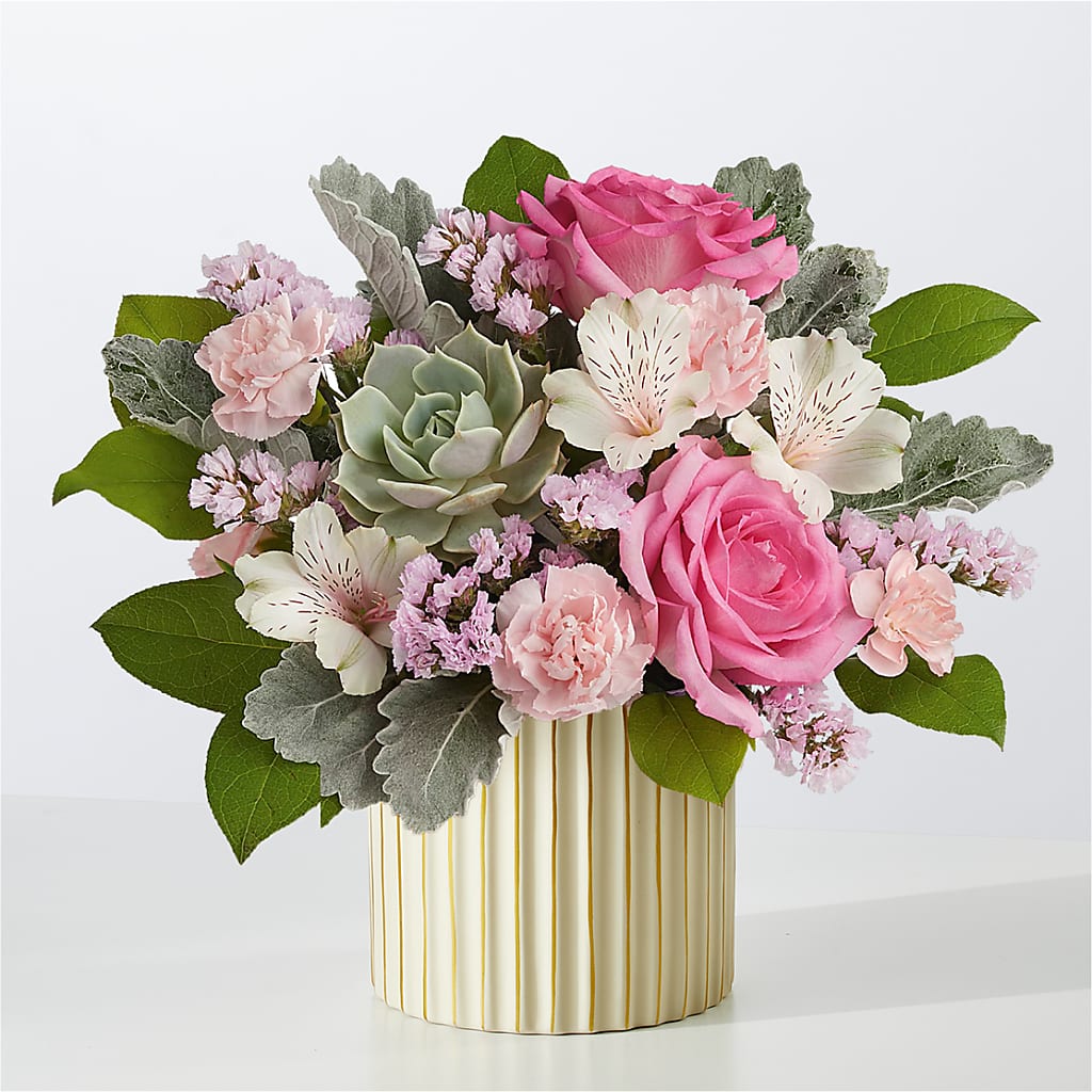 Dusty Rose Bouquet with Ivory Vase – T & T FLORAL, Kingsley MI