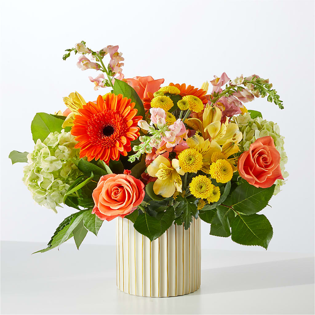 Autumn Sunshine Bouquet with Ivory Vase – T & T FLORAL, Kingsley MI