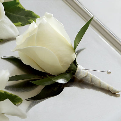 White Rose Boutonniere – T & T FLORAL, Kingsley MI